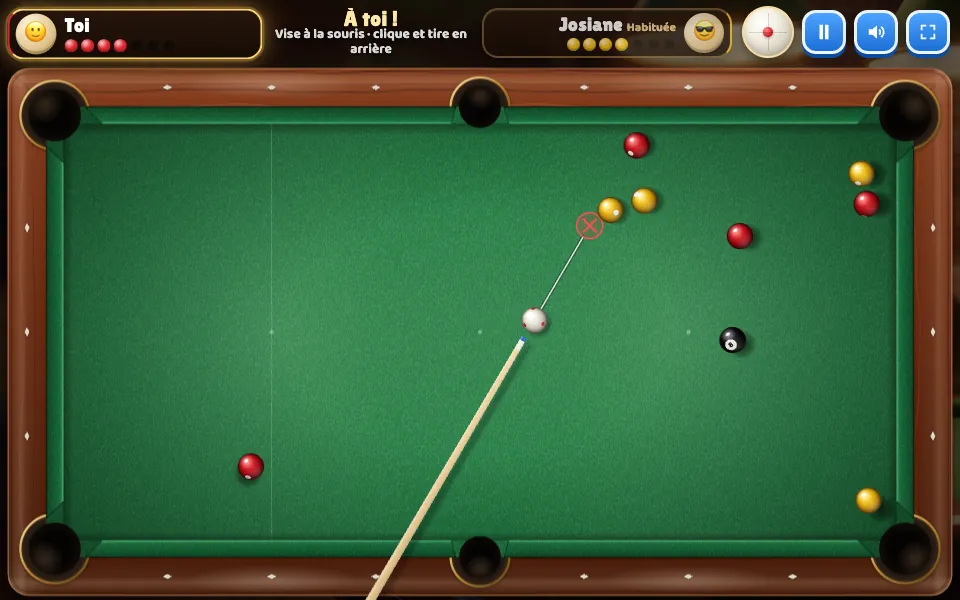 Dans Billard Club, la bille fantôme barrée prévient que tu toucherais une jaune en premier
