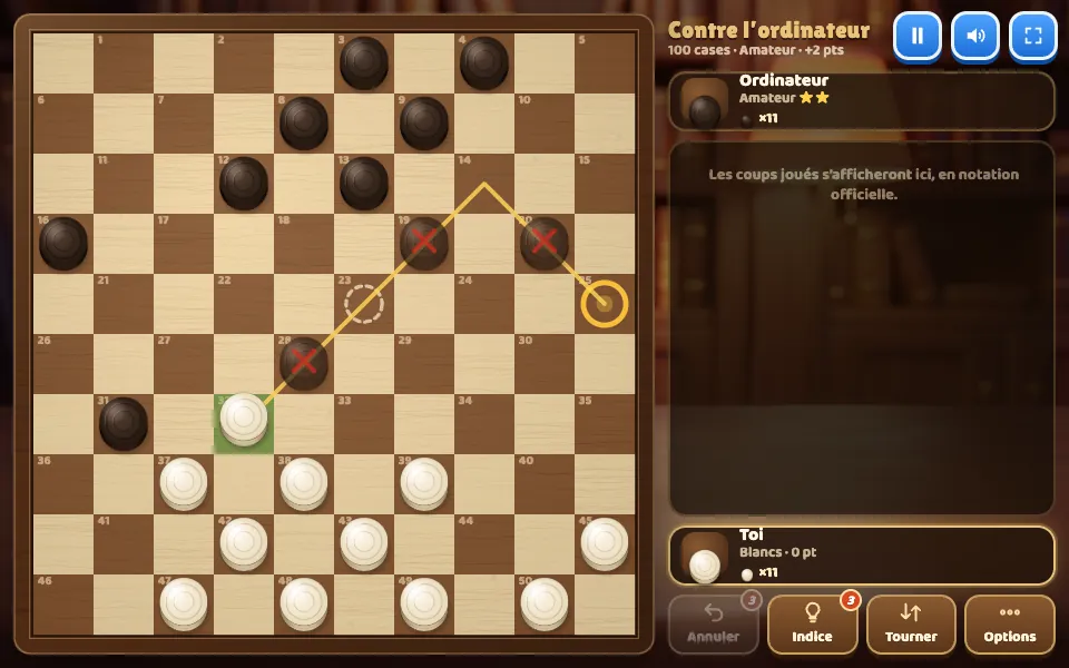 Une rafle de trois pions, dont un pris en arrière, dans le Jeu de Dames de Récré