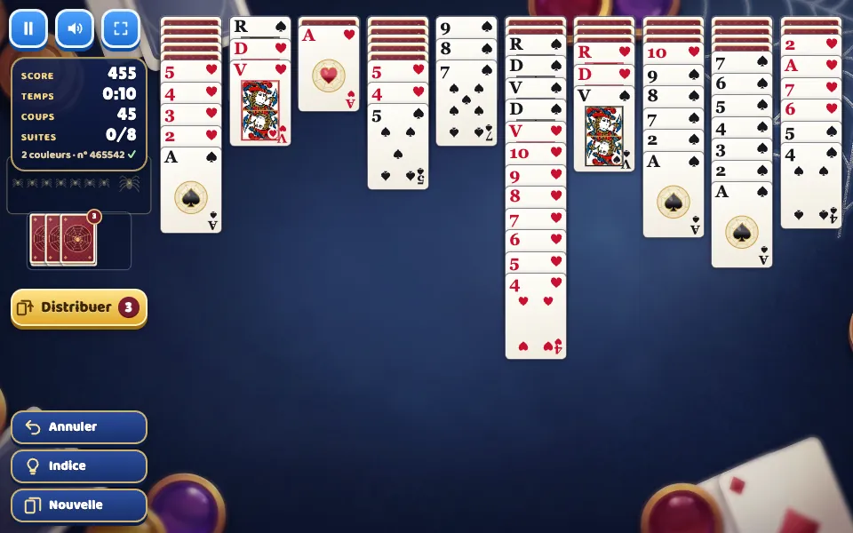 Spider Solitaire en 2 couleurs : la suite de cœurs, du valet au 4, peut se déplacer d'un seul bloc