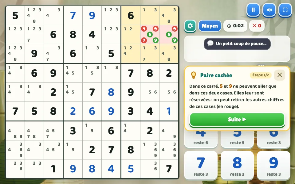 Un indice de Sudoku Malin explique une paire cachée, avec les notes affichées