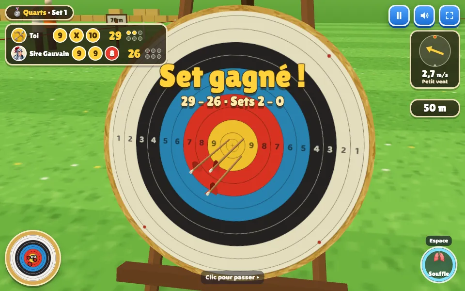 Un set gagné 29 à 26 dans le tournoi de Flèche d’Or, avec un X au cœur du blason
